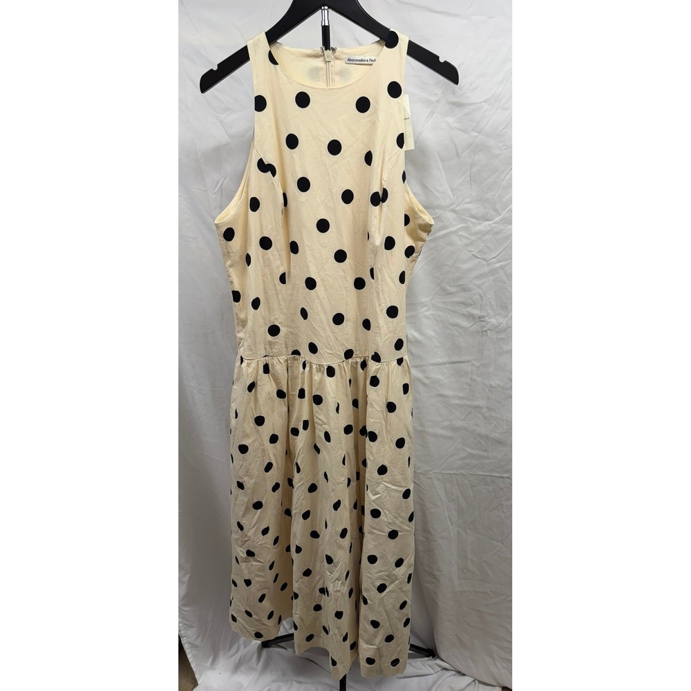 Abercrombie & Fitch NEW XL High Neck Drop Waist Midi Dress in Black Polka Dot - Picture 4 of 9